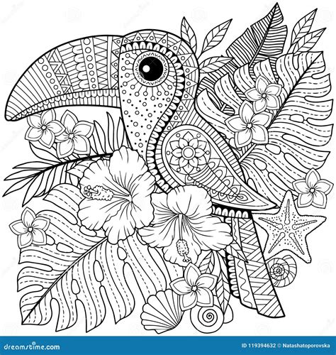 coloring book  adults toucan  tropical leaves  flowers