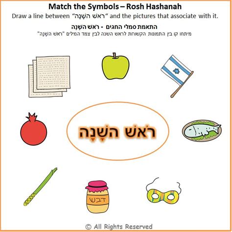 rosh hashanah match  symbols worksheet hebrew rosh hashanah rosh