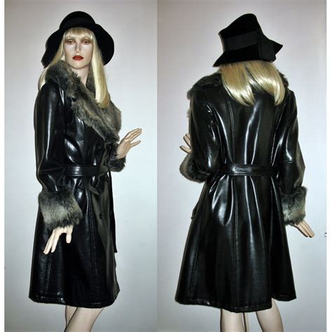Vintage 60s 70s Trench Coat Black Pvc Faux Leather Fur Belted