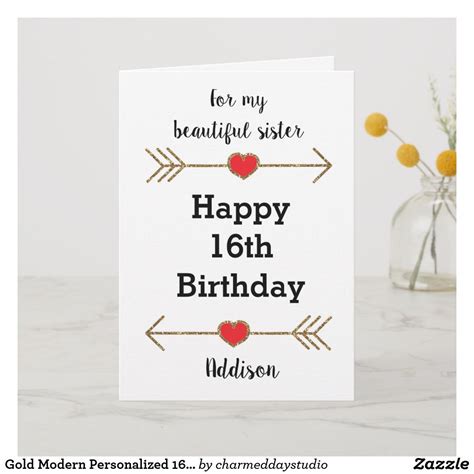 gold modern personalized 16th birthday sister card