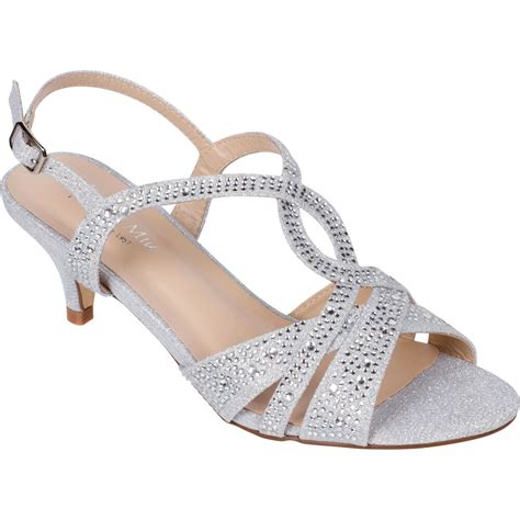 Women S Silver Dress Shoes Low Heel Sandals Wedding Rhinestone Open Toe