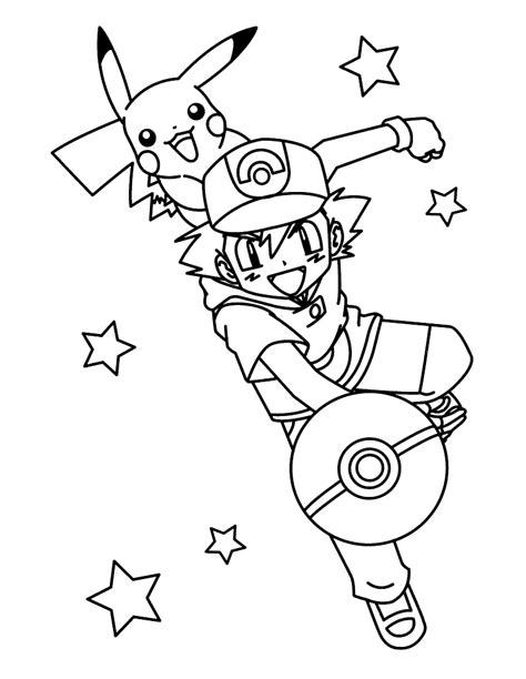 ash ketchum  pikachu throwing pokeball coloring page anime