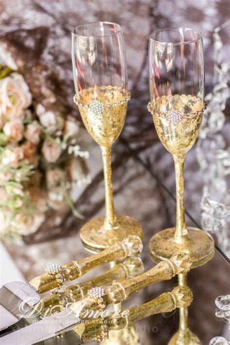 Gold And Crystal Personalized Wedding Set Champagne Flutes