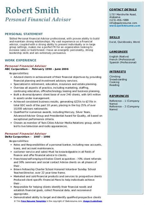 personal financial advisor resume samples qwikresume