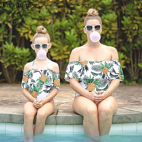 mommy and me swimsuit off shoulder pineapple leaf print mae e filha