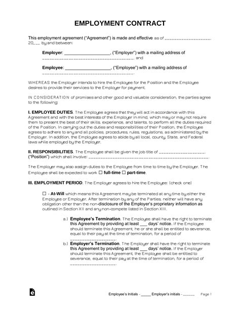 employment contract templates  word eforms