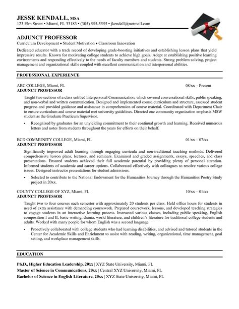 sample resume for faculty position engineering adjunct