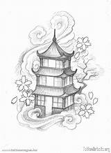 Japanese Temple Pagoda Tattoo Drawing Chinese Drawings Tattoos Designs Cool Sketches Google Search Getdrawings Tatuagem Templo Clouds Blossoms Result Oriental sketch template