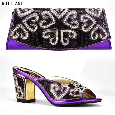 arrival purple color matching shoes  bag set decorated  rhinestone nigerian party