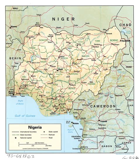 large detailed political  administrative map  nigeria  relief
