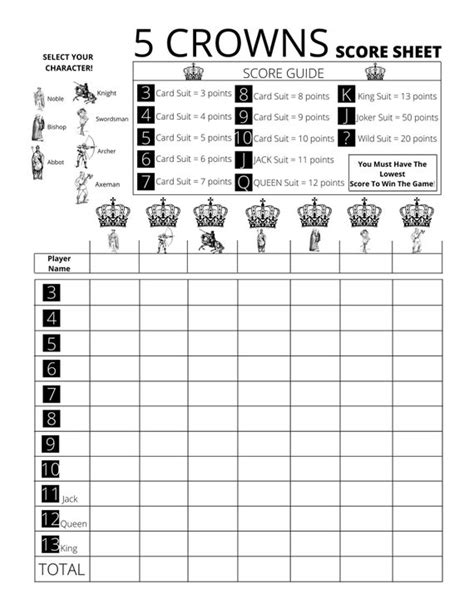 crowns score card  added character select printable etsy