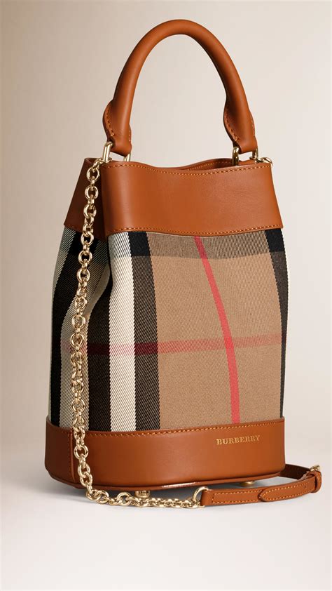 burberry leather  house check bucket bag  brown light toffee lyst