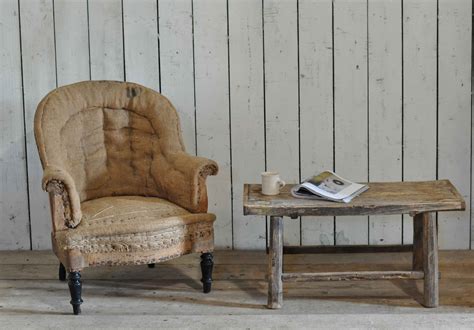 antique deconstructed french fireside tub chair hessian