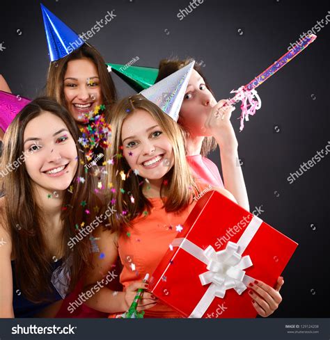 Joyful Happy Smiling Teen Girls Have Fun On Birthday Party
