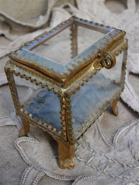 Antique Glass Jewelry Box Trinket Blue Silk Lining