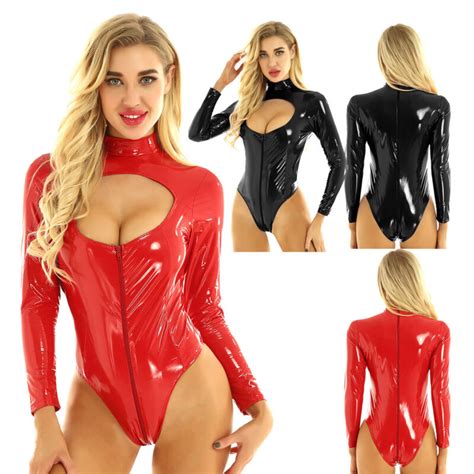 Women S Wet Look Leather Sexy Lingerie Zipper Bodysuit Catsuit Jumpsuit