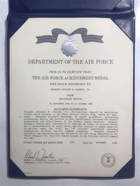 usaf department   air force achievement medal certificate