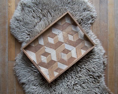 wood serving tray wood tray reclaimed wood decorative tray rustic geometric table tray
