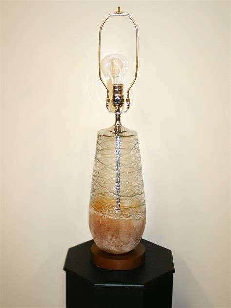 Custom Hand Blown Glass Vase Lamp W Wavy Blue Lines And Rustic Amber