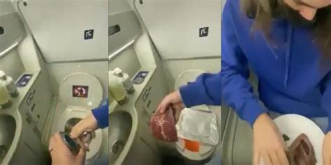 tiktoker cooks steak on airplane toilet in viral video