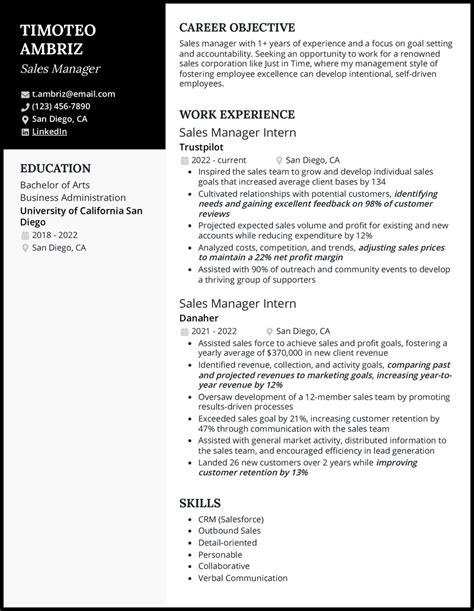 sales manager resume examples  work