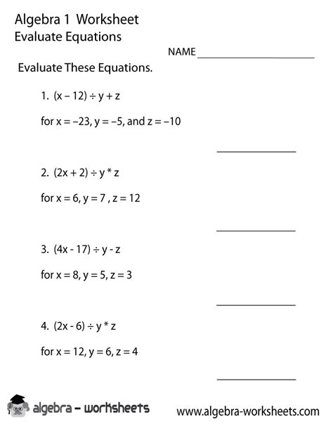 print   evaluate equations algebra  worksheet printable version