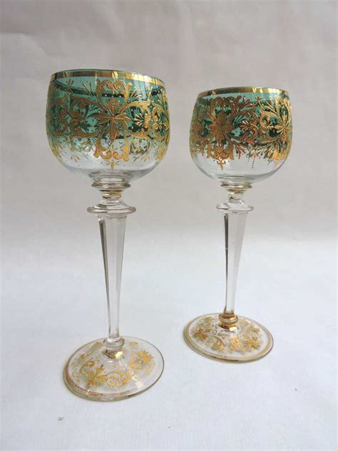 Pair Of Austrian Moser Stemmed Crystal Wine Glasses With Raised Gold