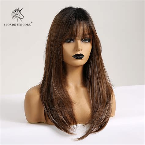 Long Straight Synthetic Hair Wigs With Bangs Ombre Brown Natural Daily
