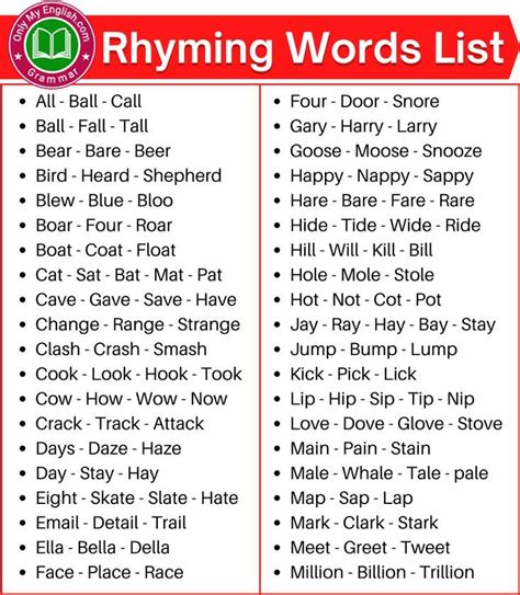 rhyming words  huge list  rhyming words  english rhyming words