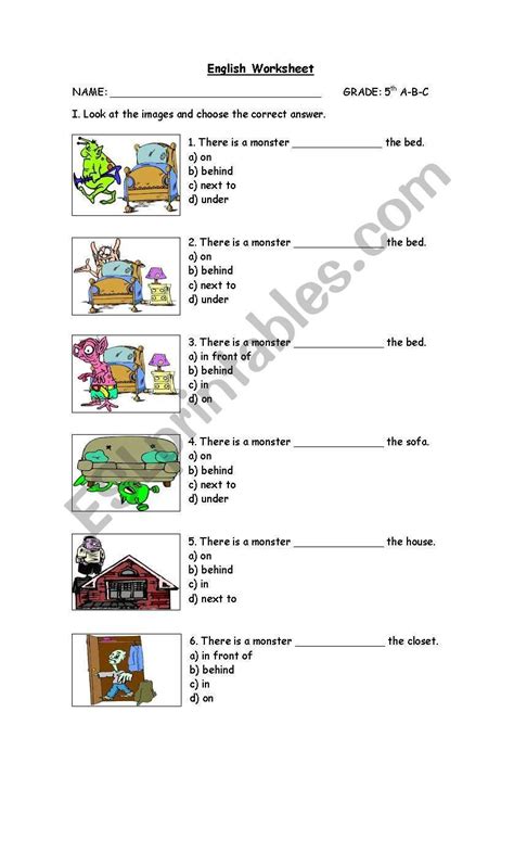 preposition worksheets  grade  prepositions esl worksheet