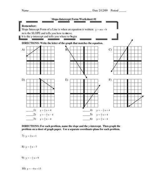 writing equations  slope intercept form  graph worksheet