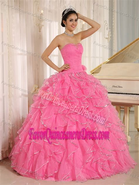 Pretty Rose Pink Beaded Ruched 2014 Quinceanera Dress With