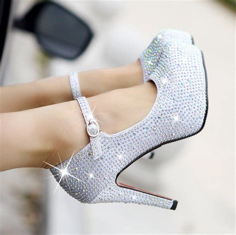 women sexy silver rhinestone crystal wedding platform high heels prom