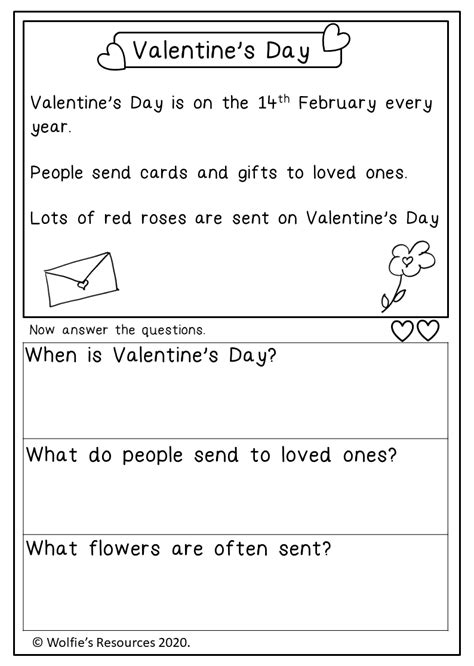 valentines day reading comprehension worksheet reading comprehension