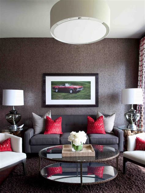 contemporary gray living room  red accents hgtv