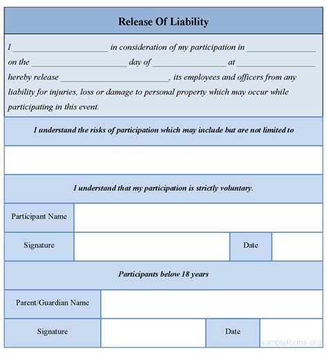 printable liability release form sample form generic