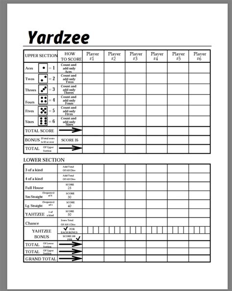 yardzee score card  printable printable word searches