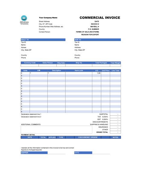 printable excel commercial invoice template printable templates