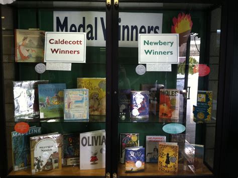 medal winners book display  caldecott  newbery winners showcase window book display