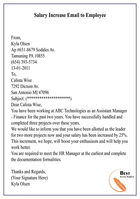 salary increase email  employee   letter template