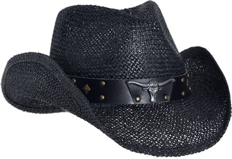 vamuss black straw cowboy hat  men faux leather longhorn
