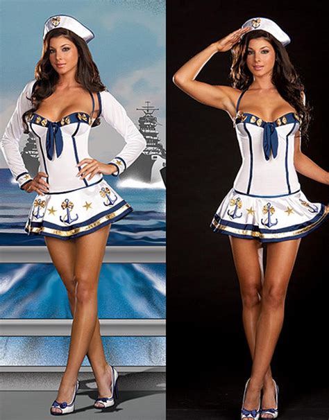 Long Sleeve Sailor Stewardess Outfit With Hat Halloween Costume Cosplay