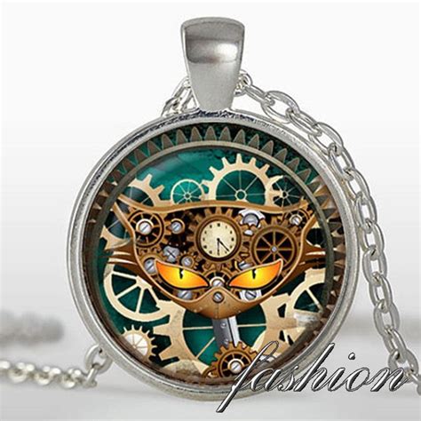 nouveau  steampunk chat pendentif steampunk collier horloge argent plaque pendentif