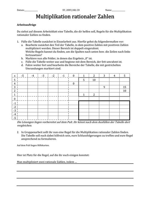 arbeitsblatt multiplikation ganzer zahlen inkl loesungen