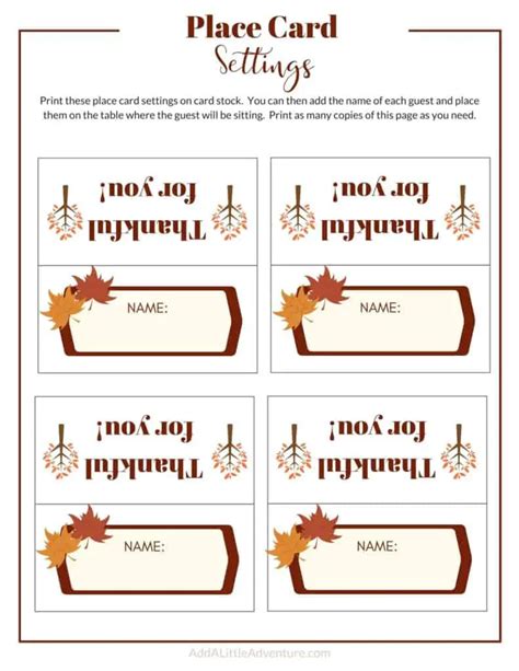 thanksgiving place cards printable diy template add   adventure