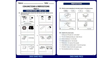 conjunctions prepositions worksheets year