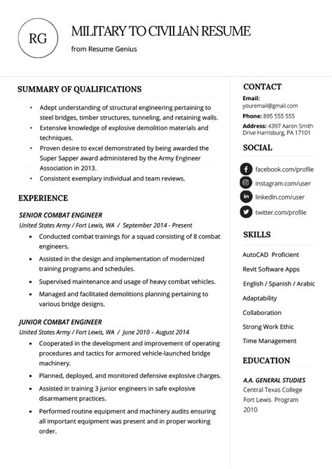 write  military  civilian resume resume genius