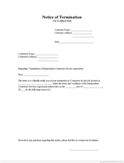 printable notice  termination template  sle real estate forms