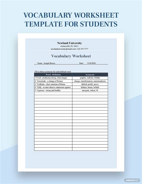 vocabulary worksheet template  students excel google sheets