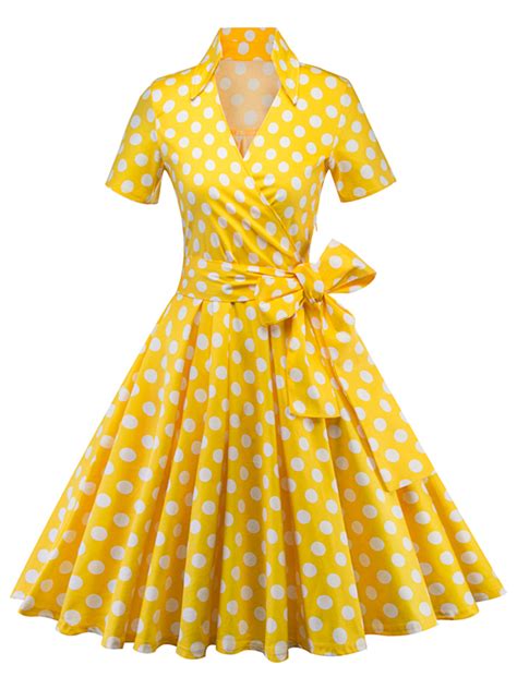 yellow polka dot print bow sashes v neck short sleeve 50s vintage
